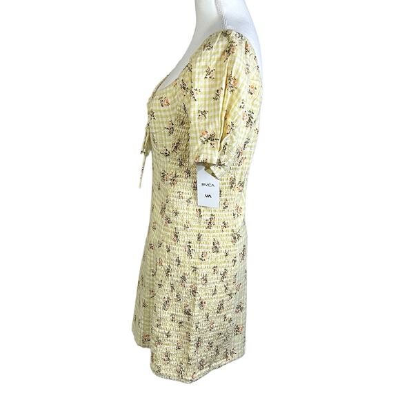 RVCA Dress Gretel Golden Floral Yellow Keyhole Tie Smocked Sides Cotton Mini - Picture 4 of 12